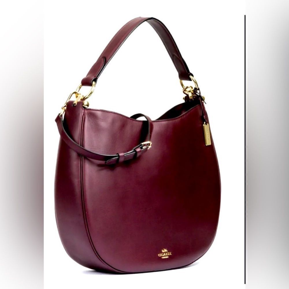 🔥🎁NWT! Coach NOMAD Burnished Leather Hobo Handbag Black Cherry Msrp:$495.00 - Picture 4 of 13